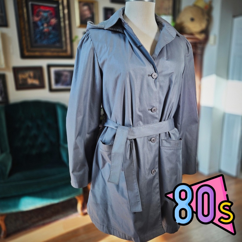 London Fog Trench Coat Vintage 80s Grey Hooded Belted Rain Jacket Womens Medium